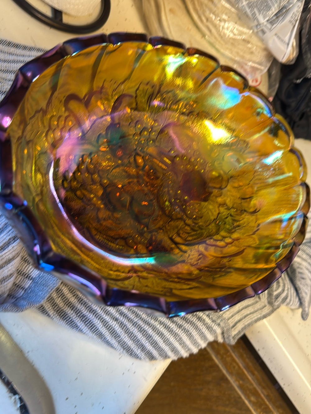 Iridescent Carnival Glass Decorative Bowl - Amber & Purple